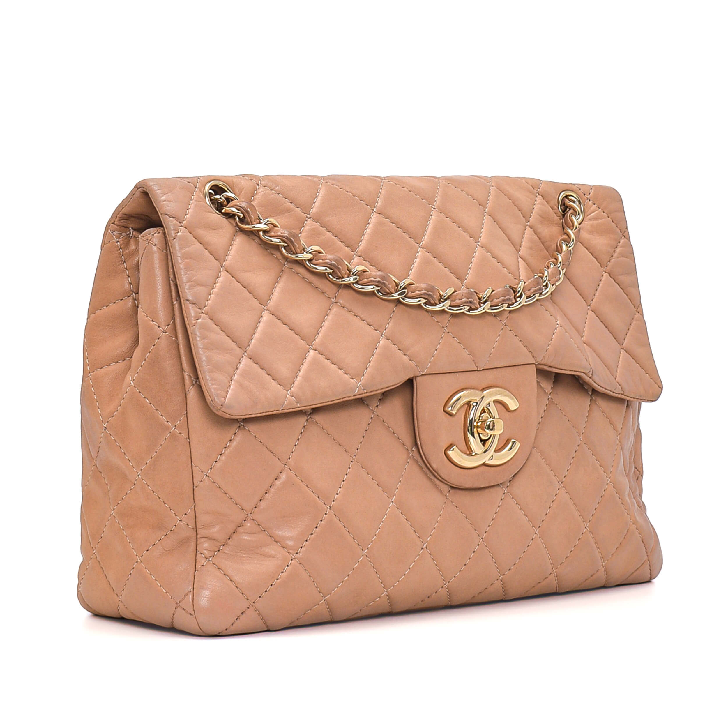 Chanel - Beige Quilted Lambskin Leather Vintage Single Flap Jumbo Bag